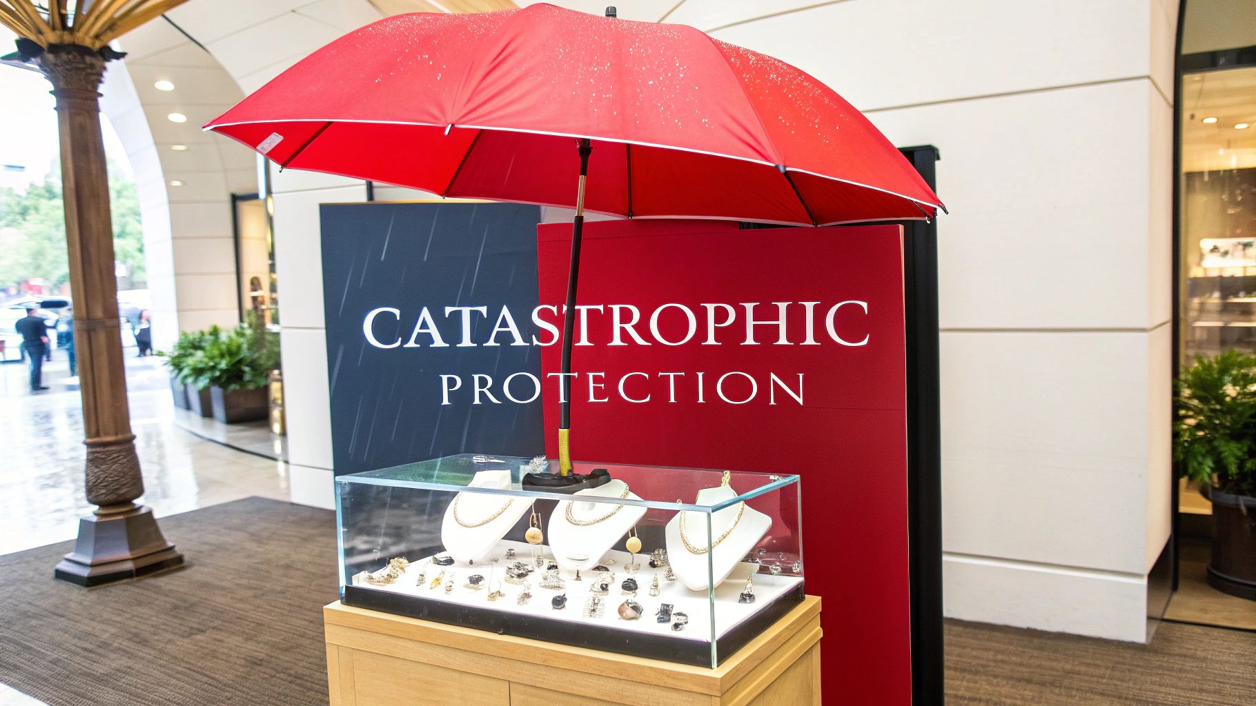 A red umbrella with water drops covers a jewelry display and a 'CATASTROPHIC PROTECTION' sign in a commercial setting.