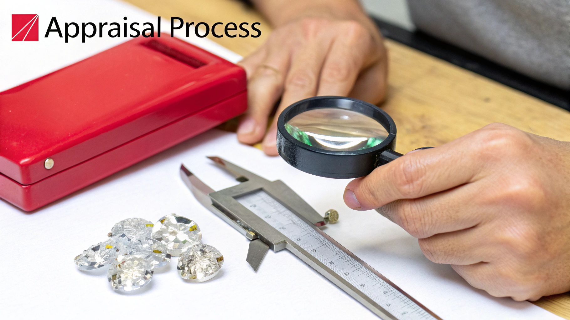 A person appraising diamonds with a magnifying glass and calipers, emphasizing the appraisal process.
