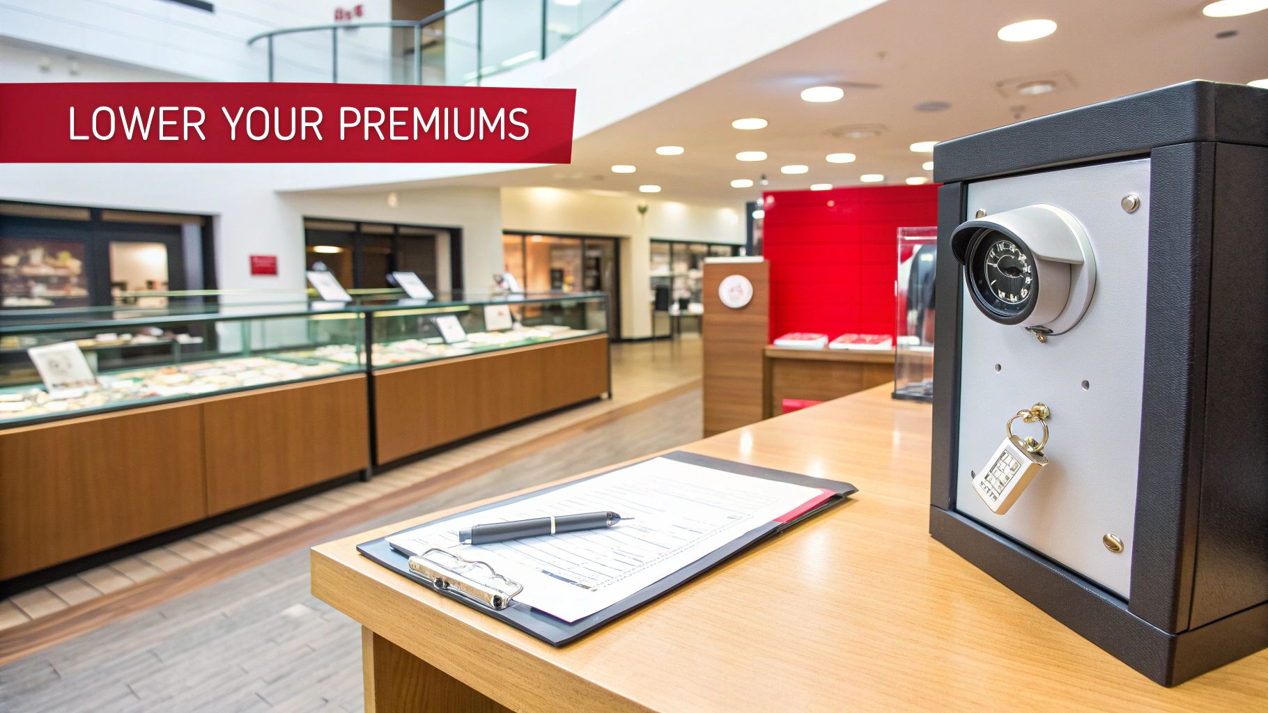 A secure retail environment with display cases, a security camera, and a form to lower premiums.
