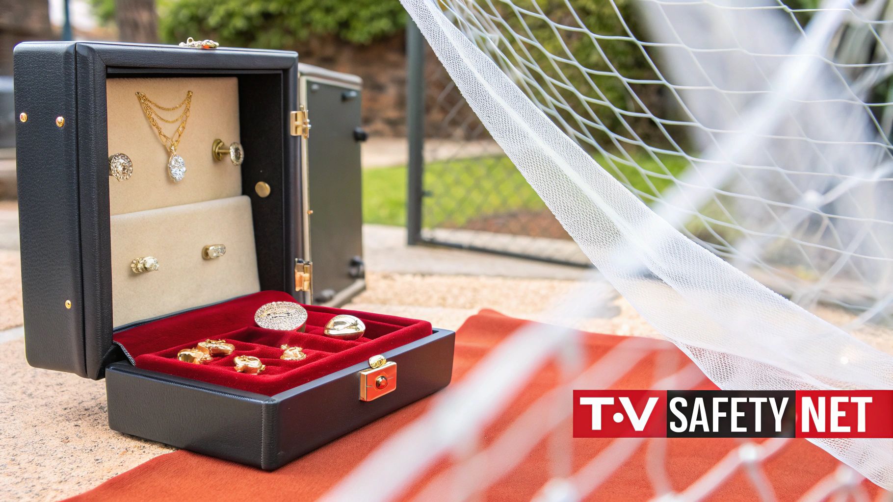 An open black jewelry box displays various gold and diamond pieces on a red velvet interior, outdoors.