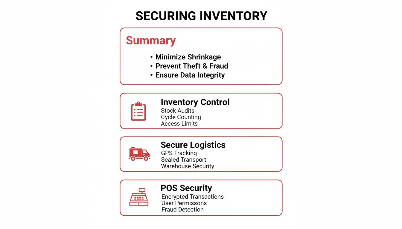 An infographic outlining key strategies for securing inventory, covering summary, inventory control, secure logistics, and POS security.