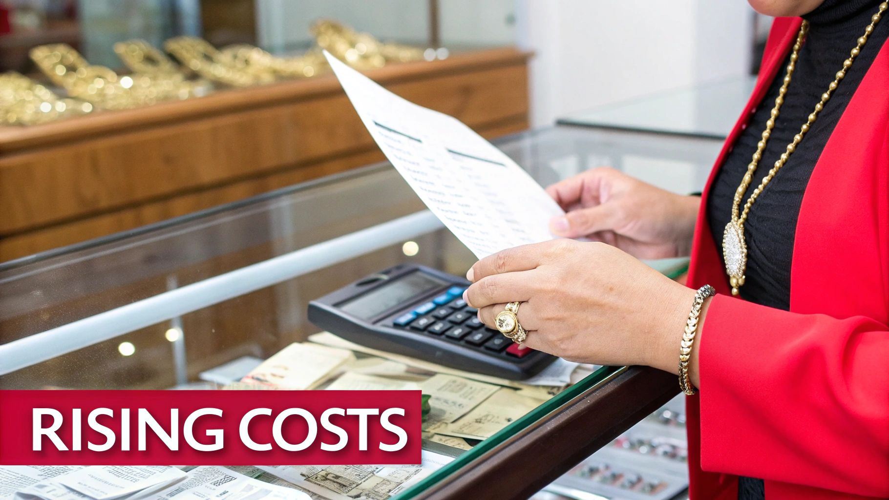 Person reviewing documents with a calculator in a store, with jewelry and gold items in the background.