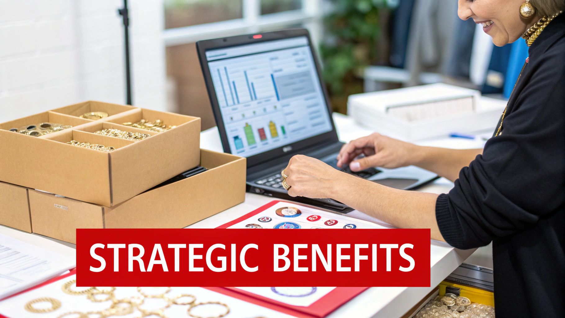 A smiling woman uses a laptop showing business analytics charts next to boxes of gold jewelry.
