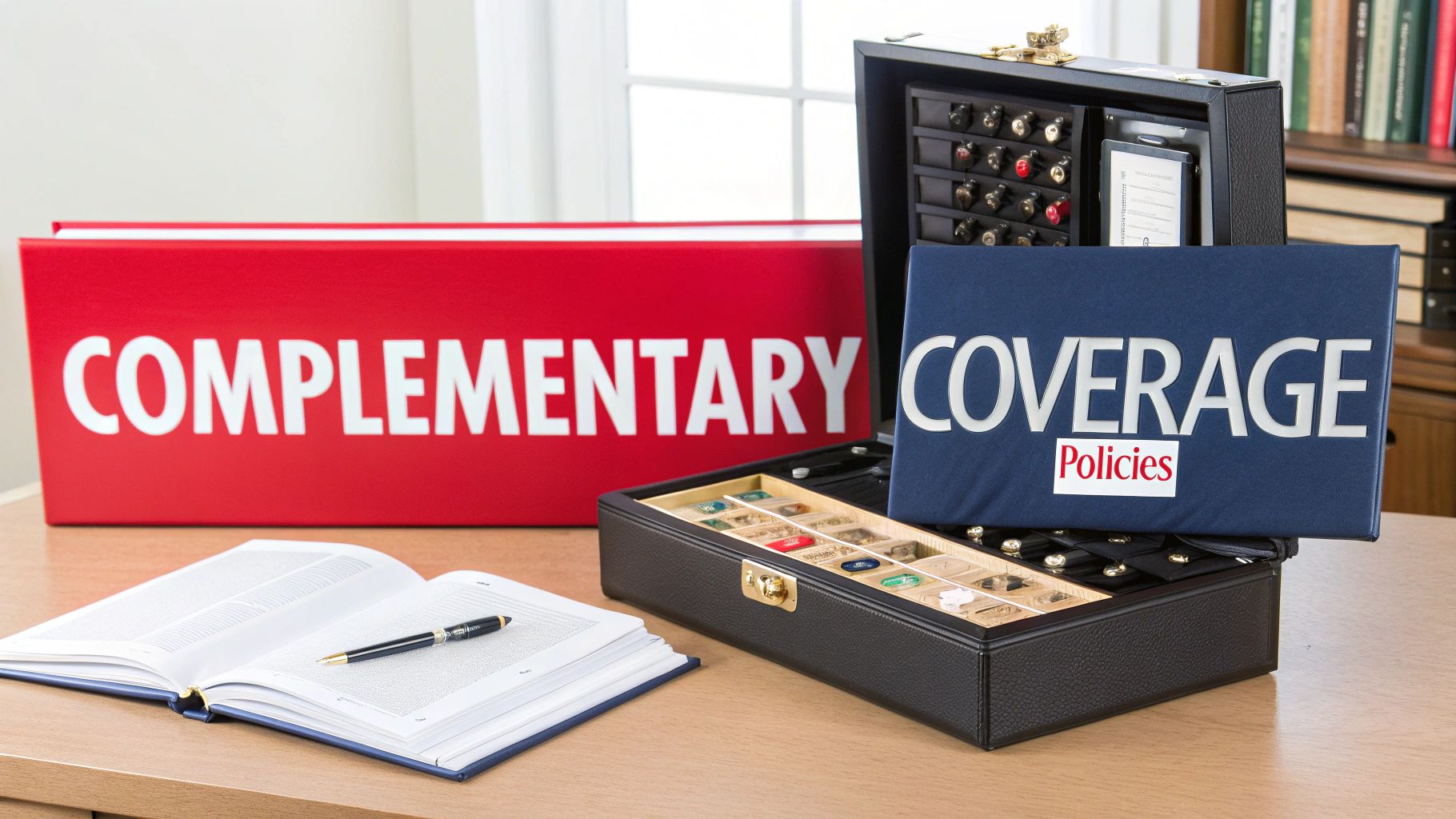 A desk with "COMPLEMENTARY" and "COVERAGE Policies" binders, an open jewelry box, and a book with a pen.