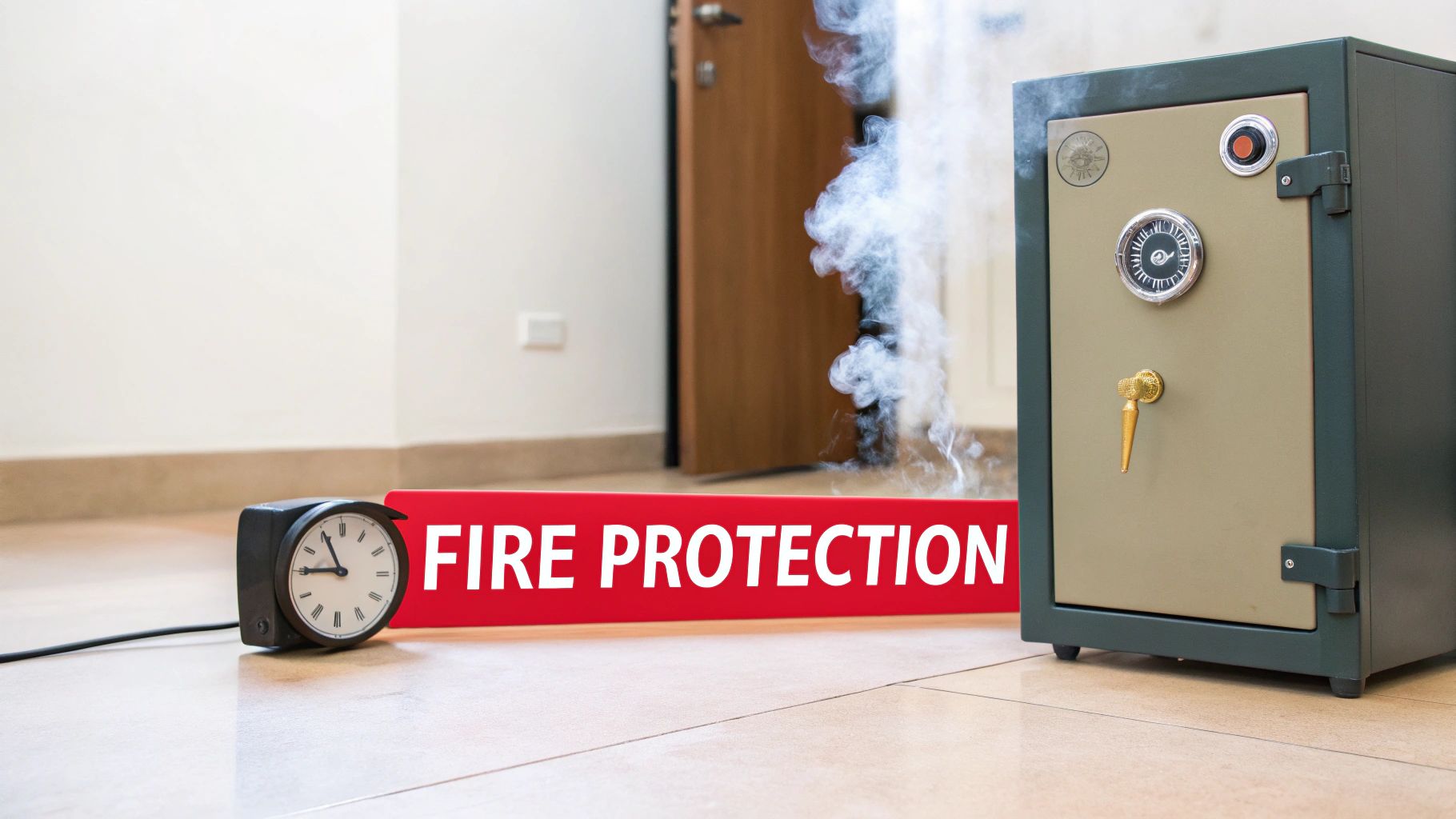 A fire-resistant safe stands on a tiled floor next to a "FIRE PROTECTION" sign, with smoke and a clock nearby.