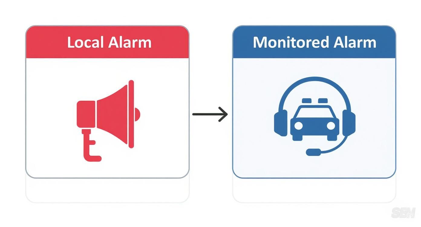 Diagram showing a local alarm (megaphone) transitioning to a monitored alarm (police car with headset).