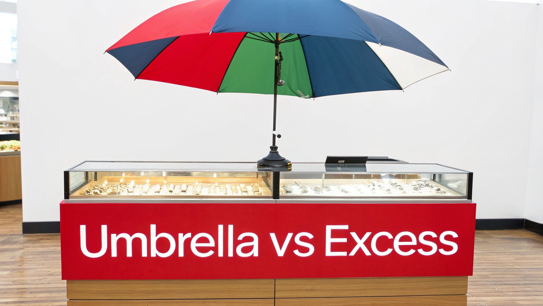 A colorful umbrella stands over a retail display case featuring jewelry and the text 'Umbrella vs Excess'.
