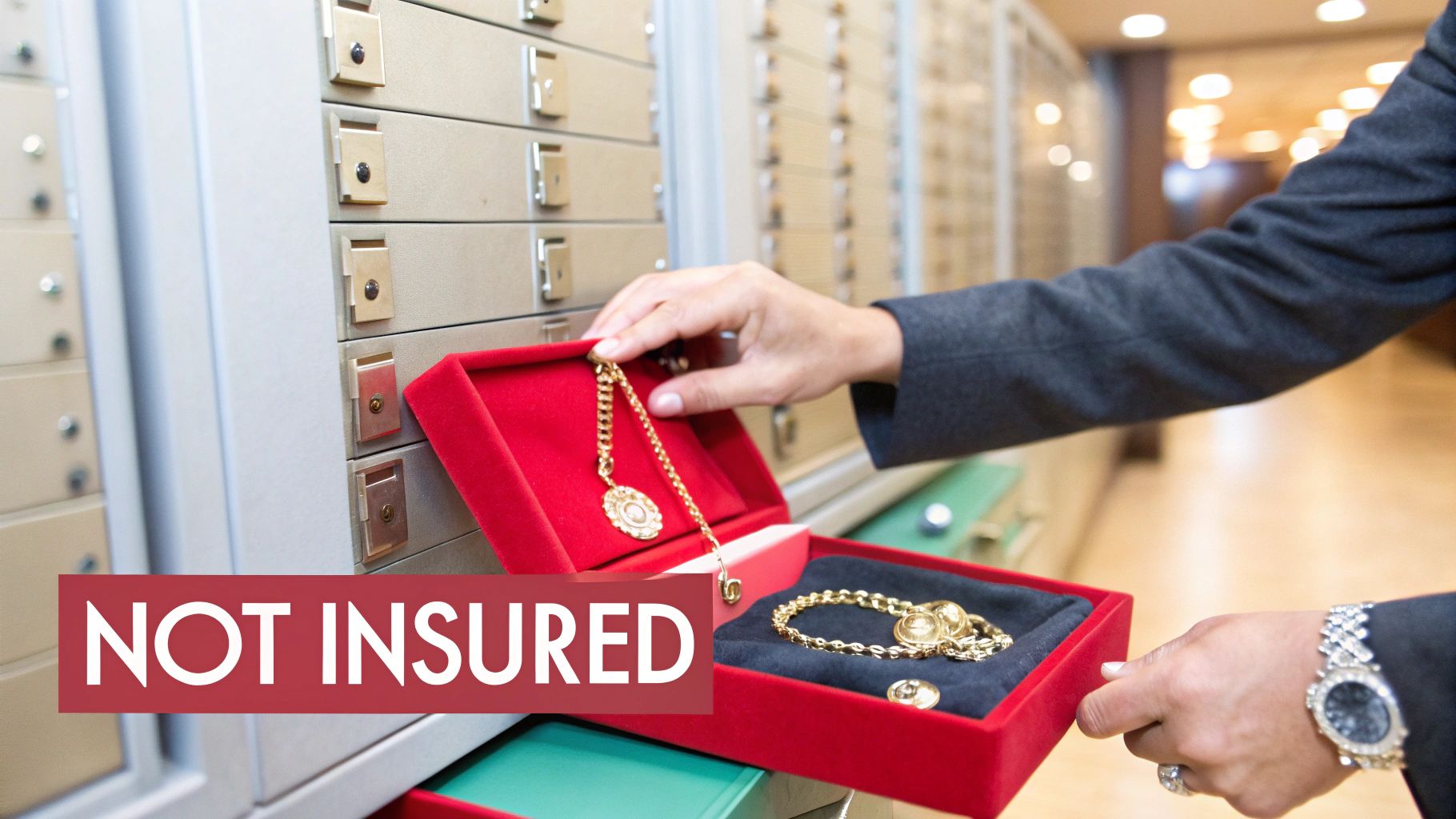 Hands place valuable gold jewelry into a bank safe deposit box, with a 'NOT INSURED' warning.