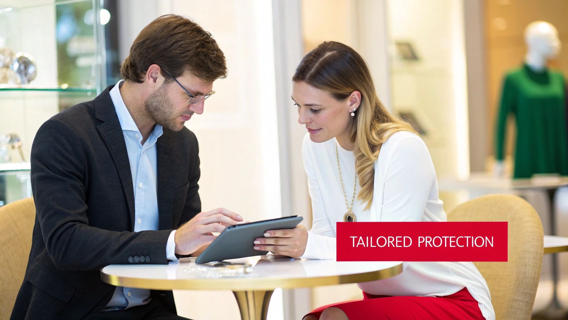 A man and woman in business attire review information on a tablet, discussing tailored protection.