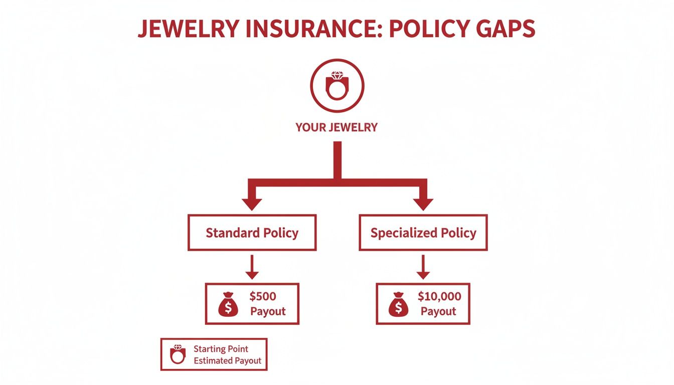 Flowchart illustrating jewelry insurance policy gaps, comparing standard vs. specialized policy payouts.