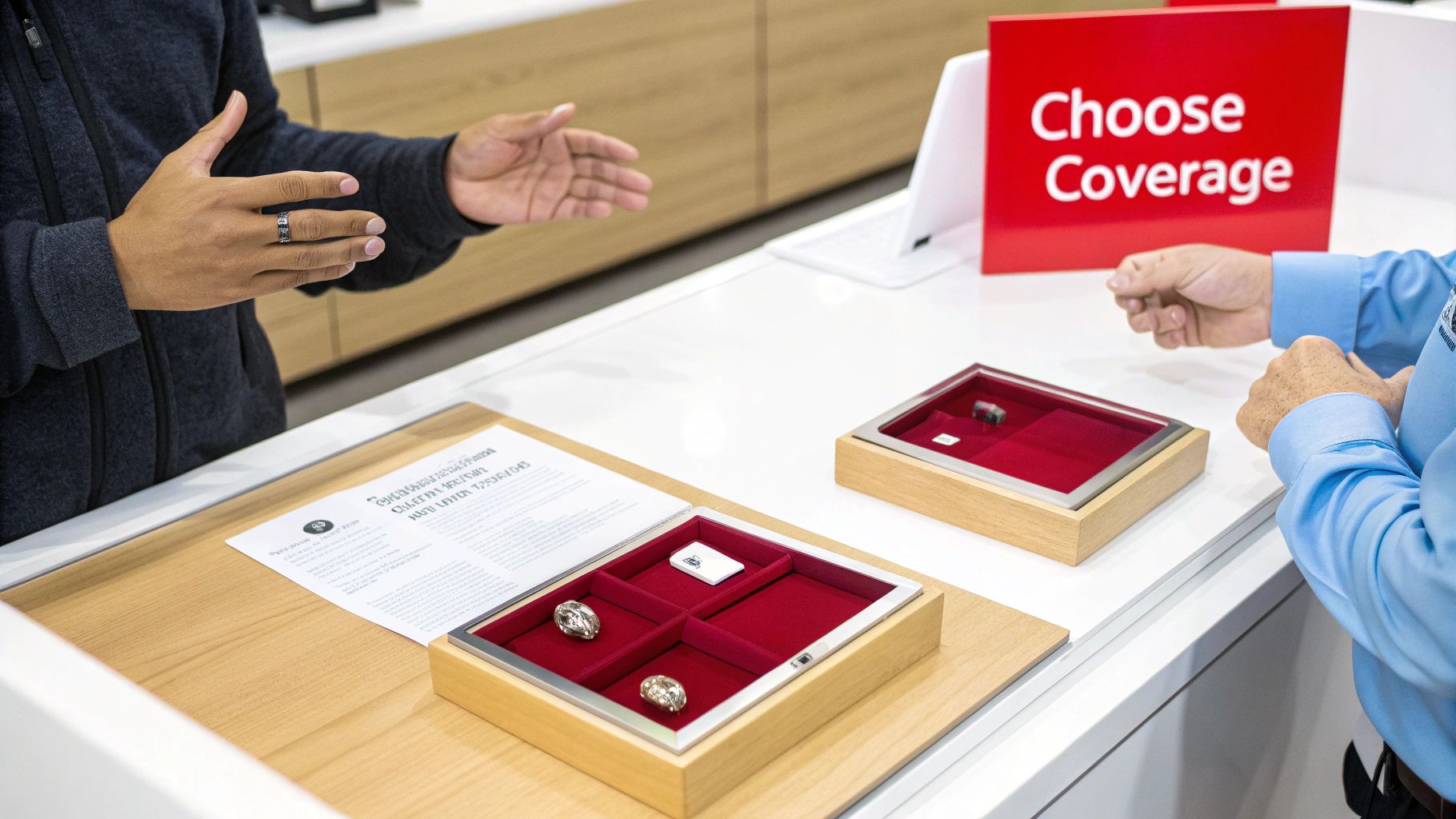 Customers discuss jewelry insurance at a counter with display trays of rings and a 'Choose Coverage' sign.