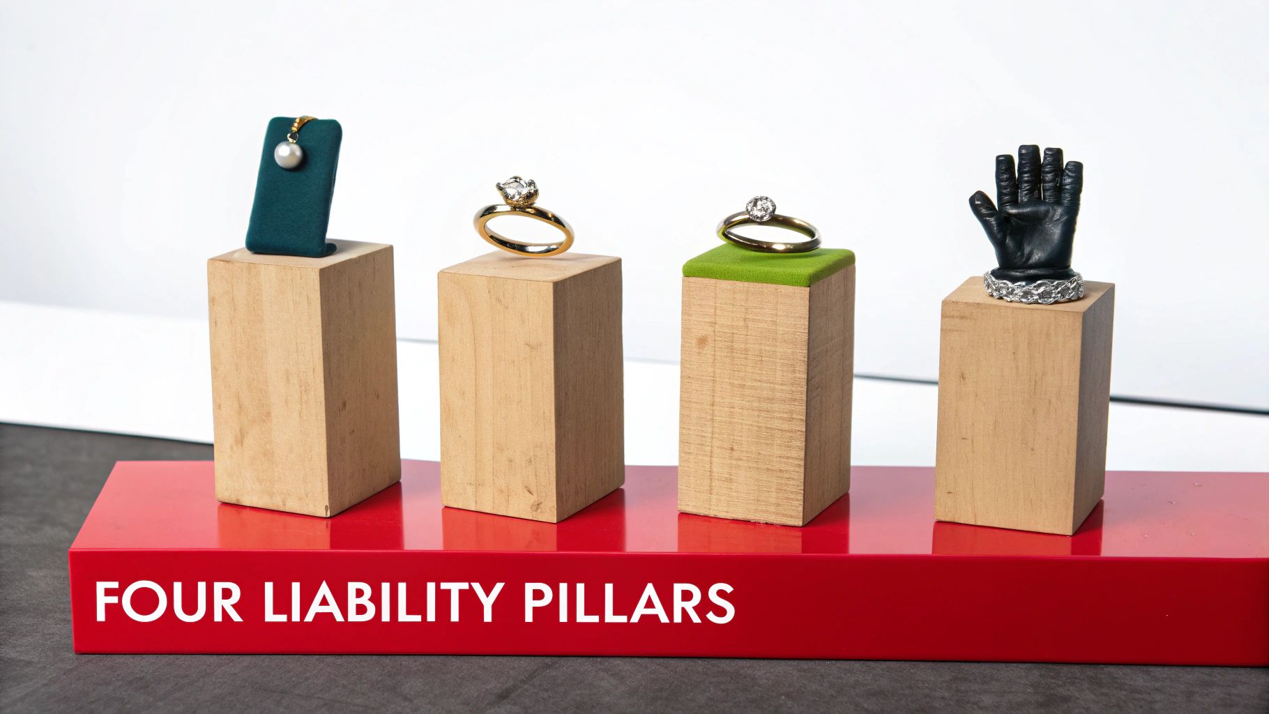 Four jewelry items displayed on wooden blocks representing 'FOUR LIABILITY PILLARS' on a red platform.