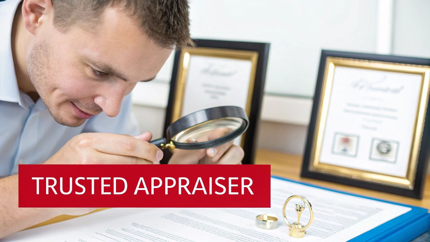 A trusted appraiser meticulously examining a valuable item with a magnifying glass, with framed certificates and jewelry rings nearby.