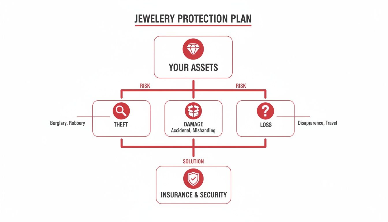 Flowchart outlining a jewelry protection plan, covering risks like theft, damage, and loss, with insurance and security as the solution.