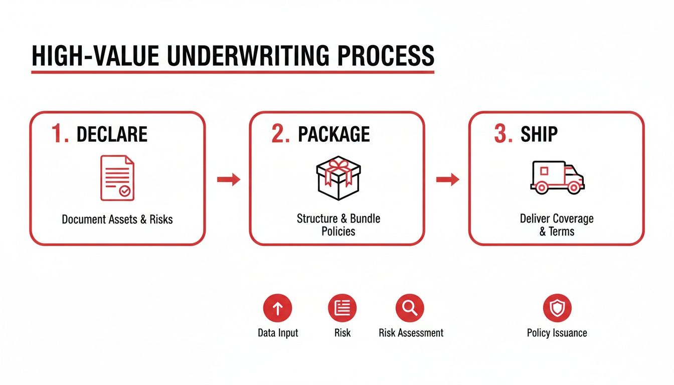 Diagram illustrating a high-value underwriting process with three steps: Declare, Package, and Ship.