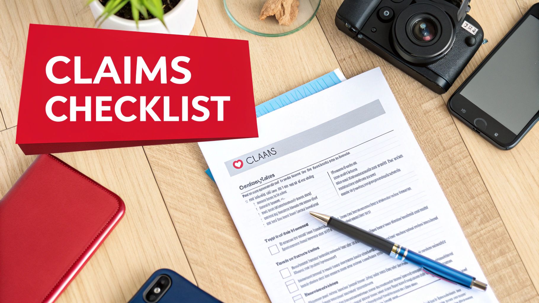A red 'CLAIMS CHECKLIST' sign on a wooden desk with an insurance form, pen, camera, and smartphones.