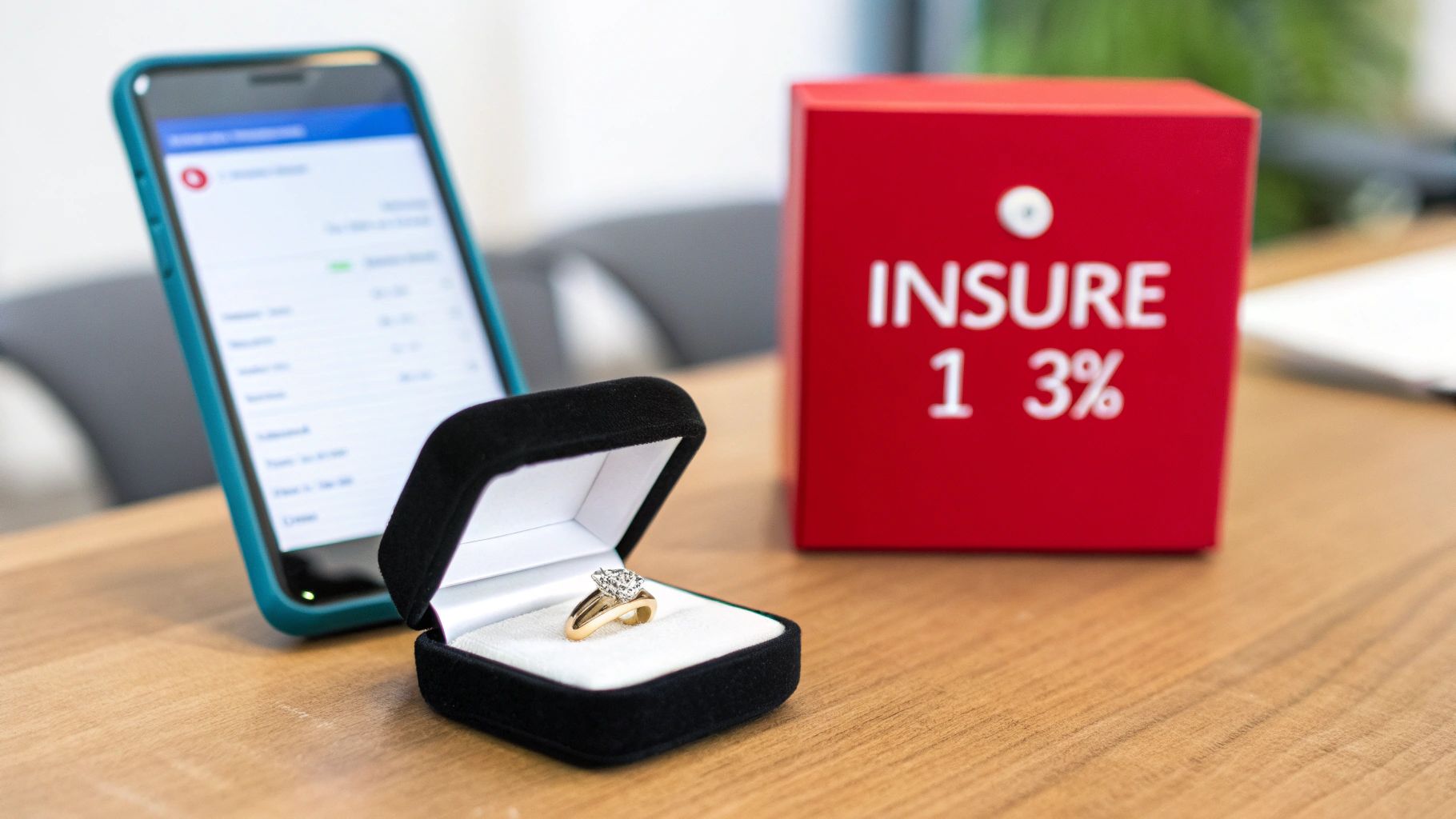 A diamond engagement ring in an open box, a smartphone, and a red 'INSURE' block on a wooden desk.