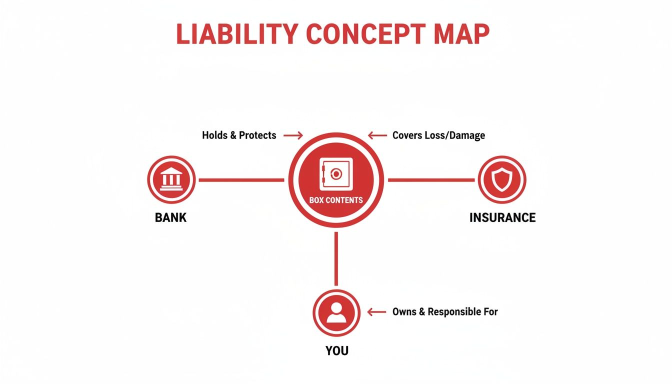 Concept map illustrating the liabilities and responsibilities for safe deposit box contents among bank, insurance, and owner.