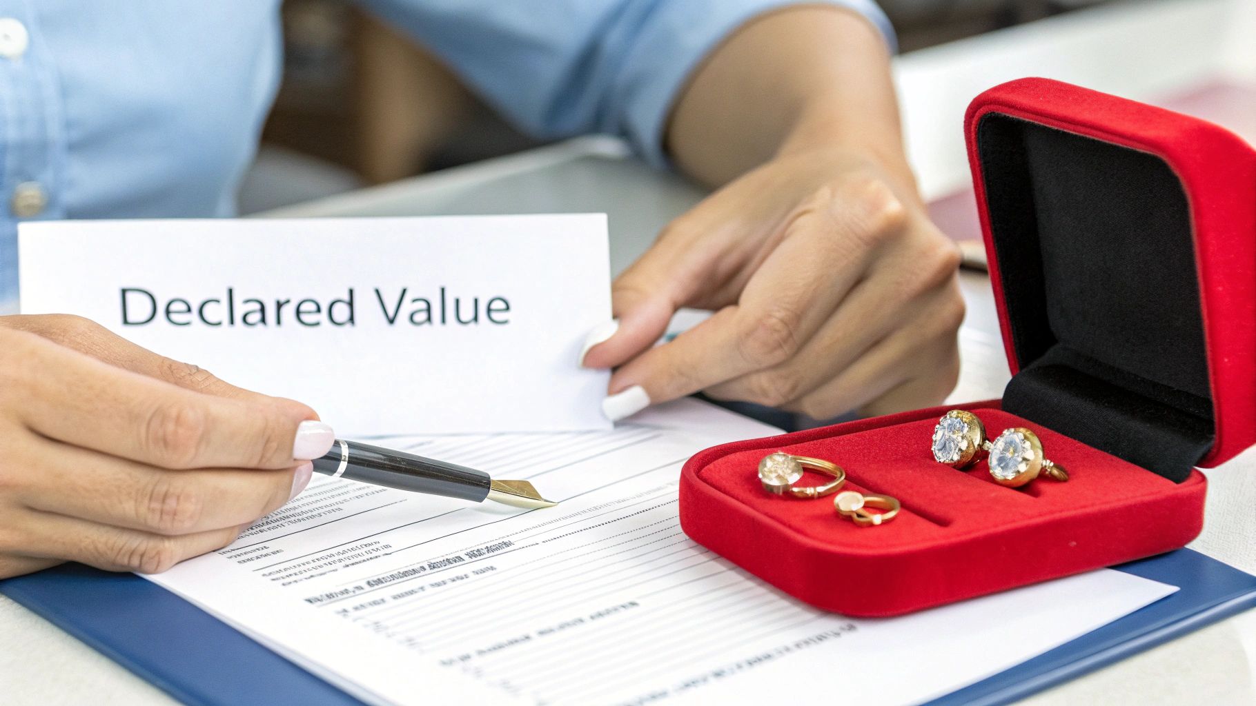 A person's hands holding a 'Declared Value' document and a pen next to a jewelry box with rings.