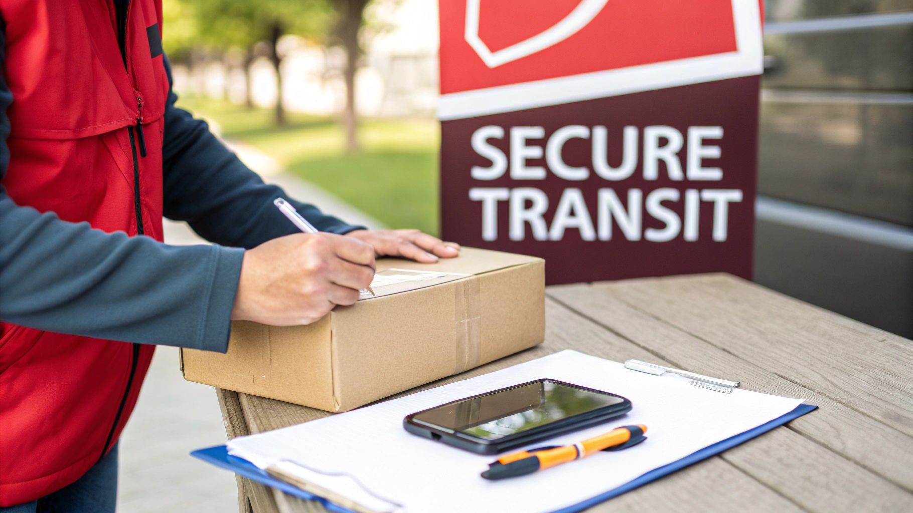 A person signs a brown package on a wooden table, with a phone and clipboard, next to a "Secure Transit" sign.