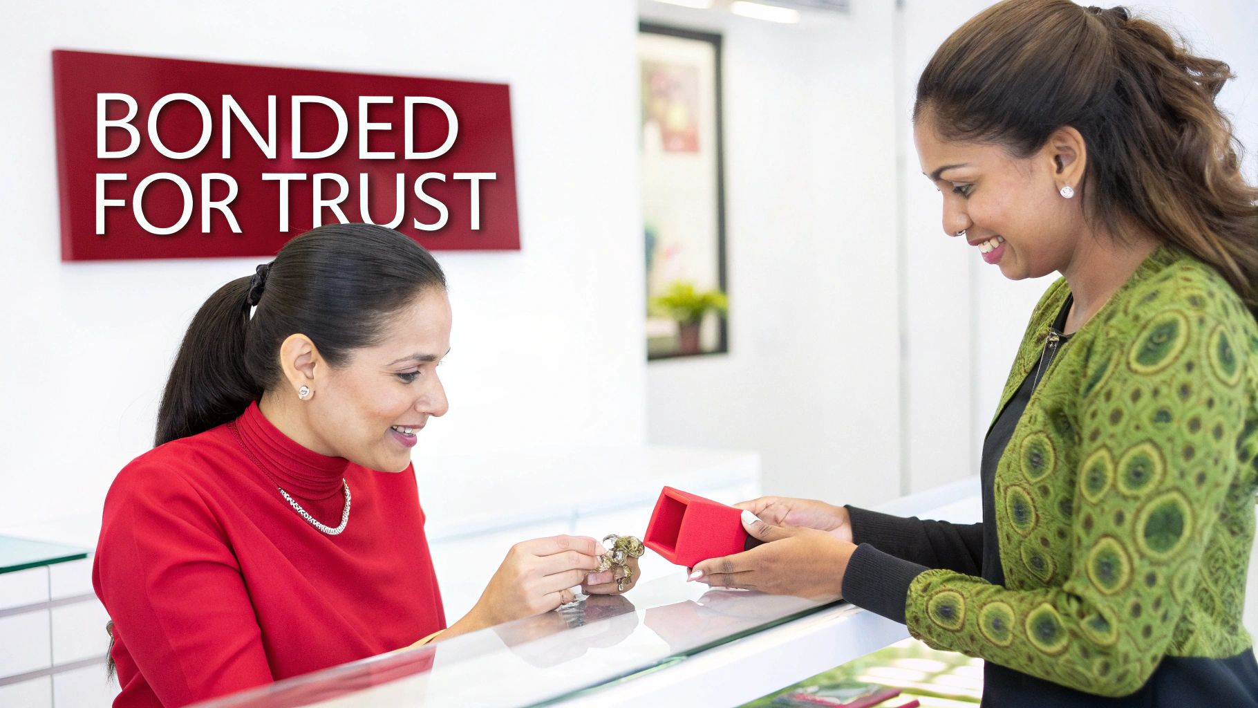 A jeweler shows a customer a piece of jewelry at a counter, with a 'BONDED FOR TRUST' sign.