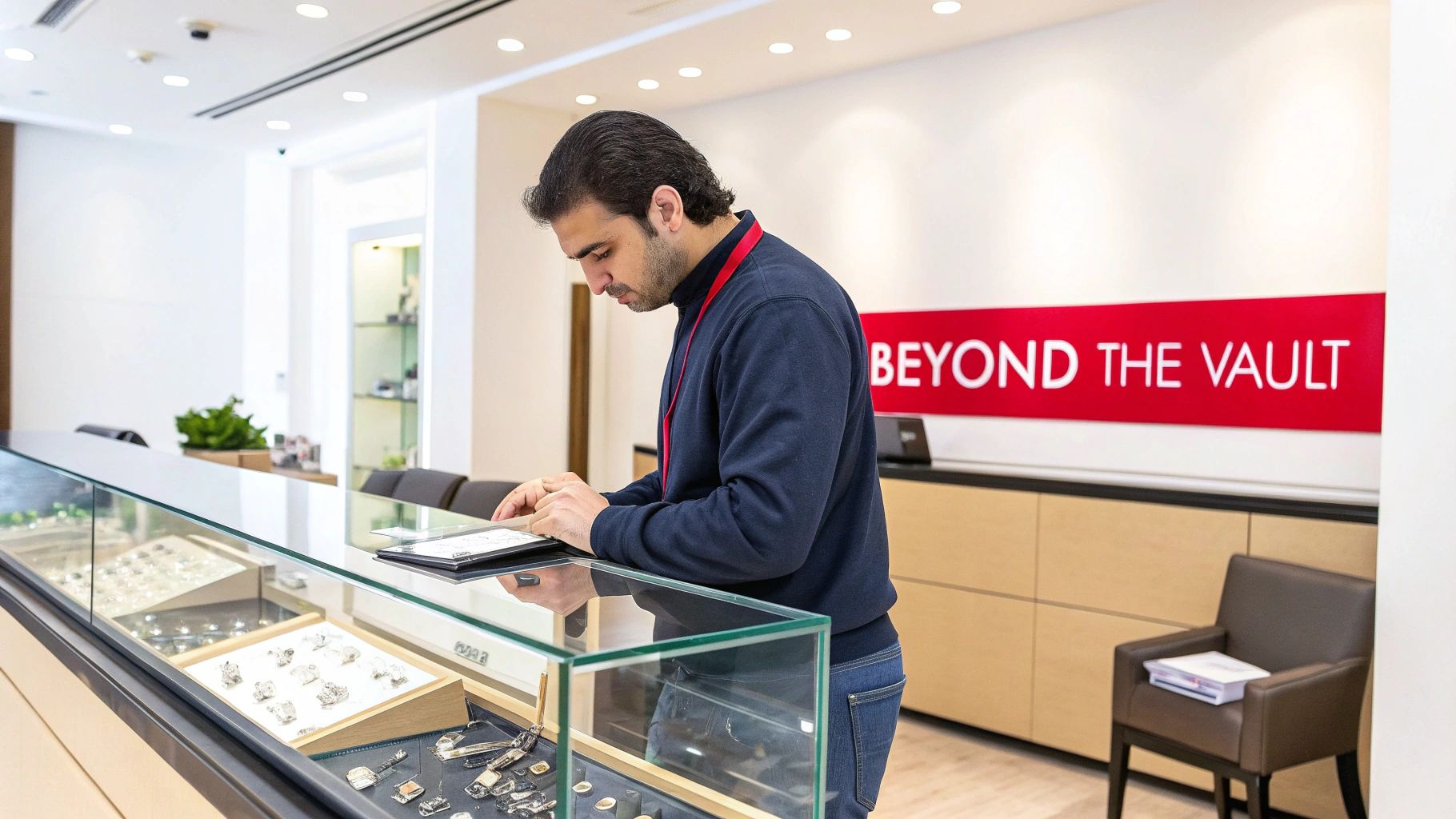 A man in a luxury store examines a tablet at a glass counter displaying jewelry.