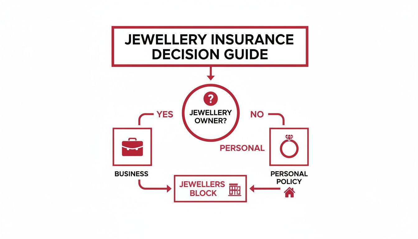 Flowchart outlining a jewellery insurance decision guide for personal and business owners.