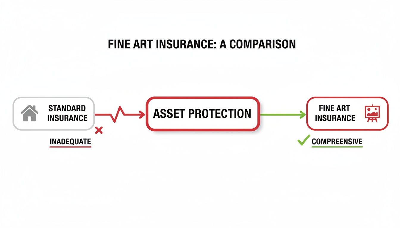 Flowchart comparing standard insurance (inadequate) with comprehensive fine art insurance for asset protection.