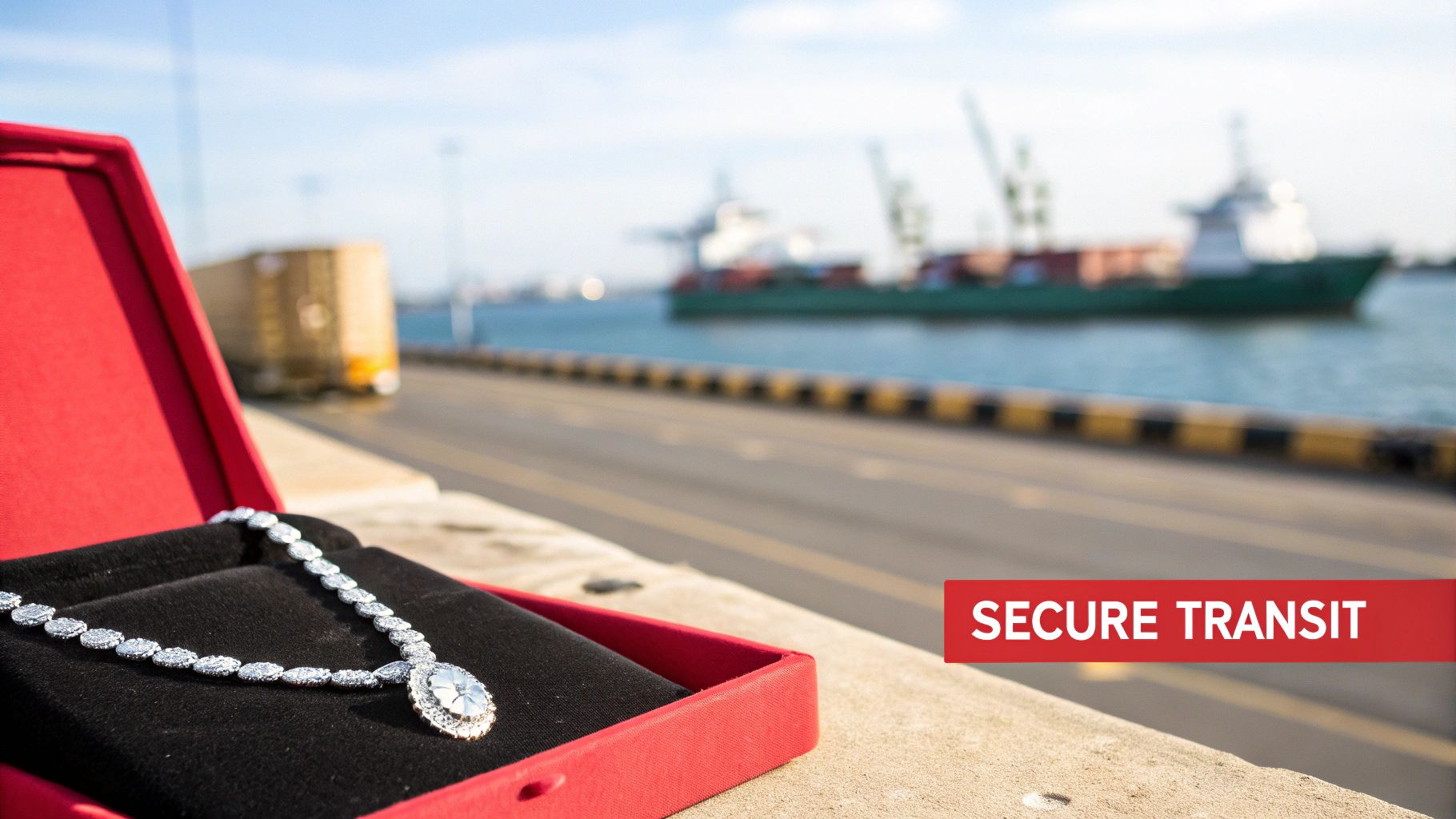 Luxury diamond necklace in a red box against a blurred port background with a cargo ship and truck, emphasizing secure transit.