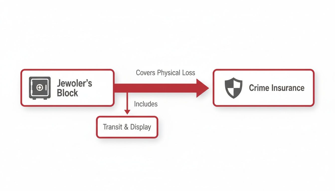 A diagram illustrates Jeweler's Block insurance, which includes Transit & Display, covering physical loss leading to Crime Insurance.