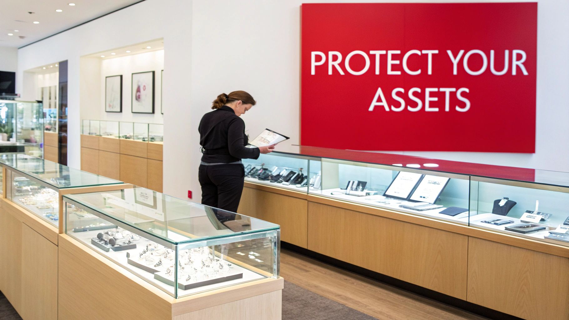 A woman reviews documents in a store featuring jewelry displays and a 'PROTECT YOUR ASSETS' sign.