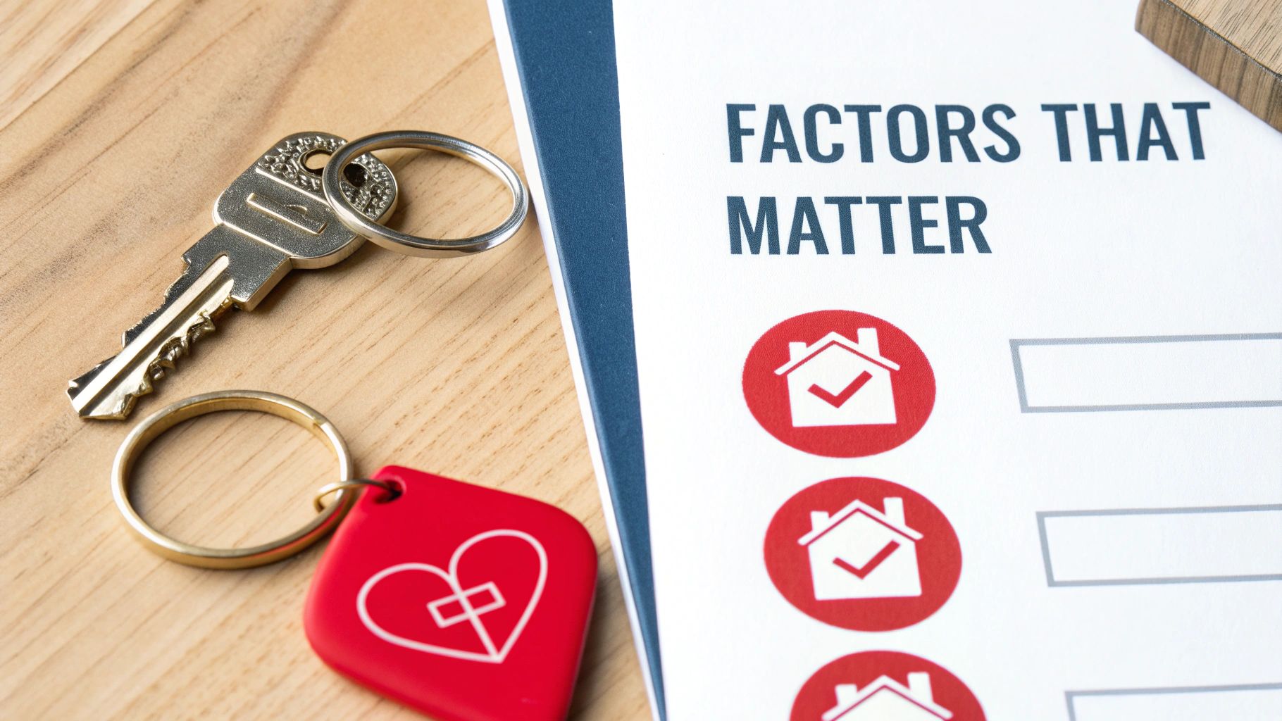 A house key, a heart keychain, and a checklist document with 'Factors That Matter' for home.