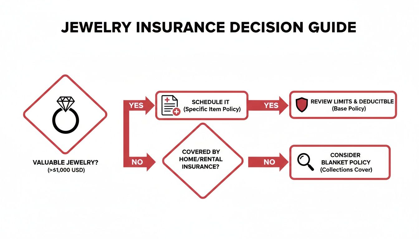 Flowchart guides jewelry insurance decisions, covering valuable items, specific scheduling, home/rental coverage, and blanket policies.