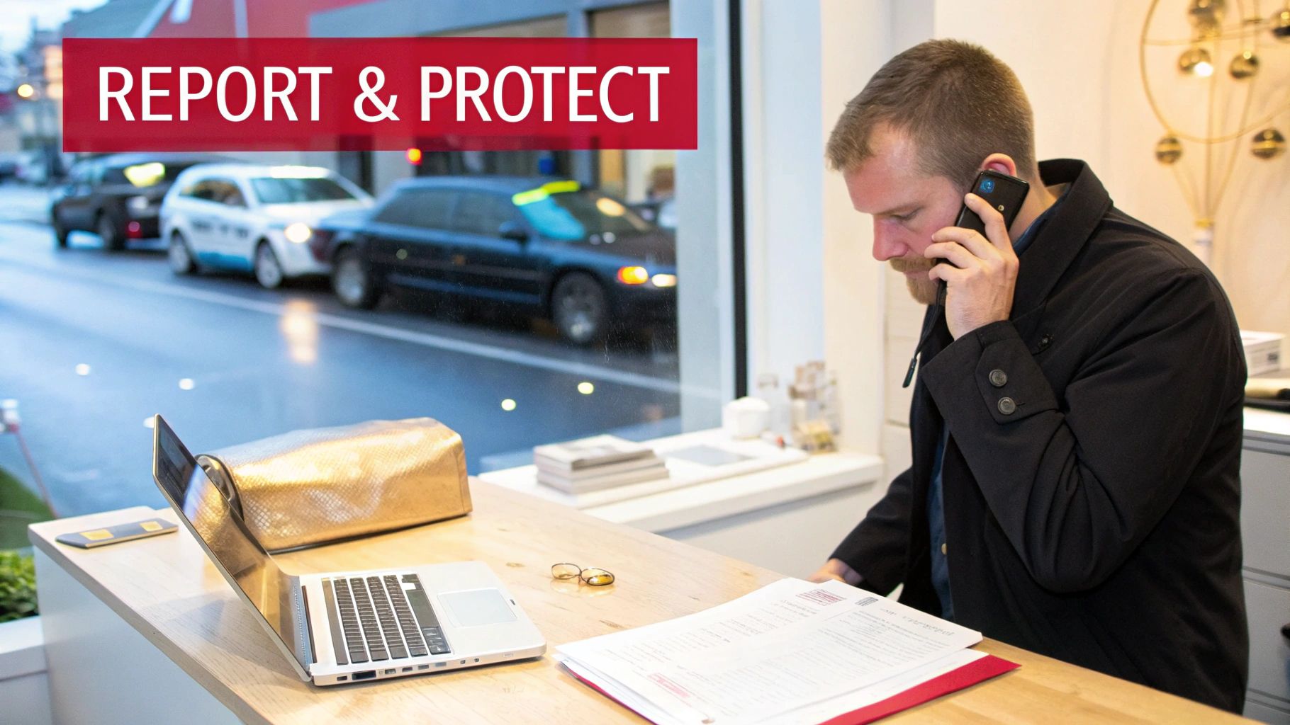 A man on a phone call, seated at a desk with a laptop and documents, with a "REPORT & PROTECT" sign visible outside.