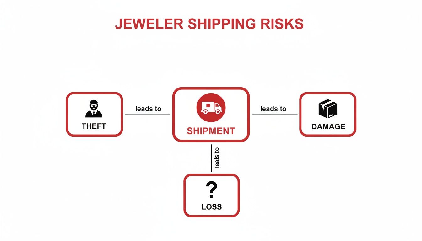 Flowchart illustrating jeweler shipping risks, showing theft leading to shipment, and shipment leading to damage and loss.