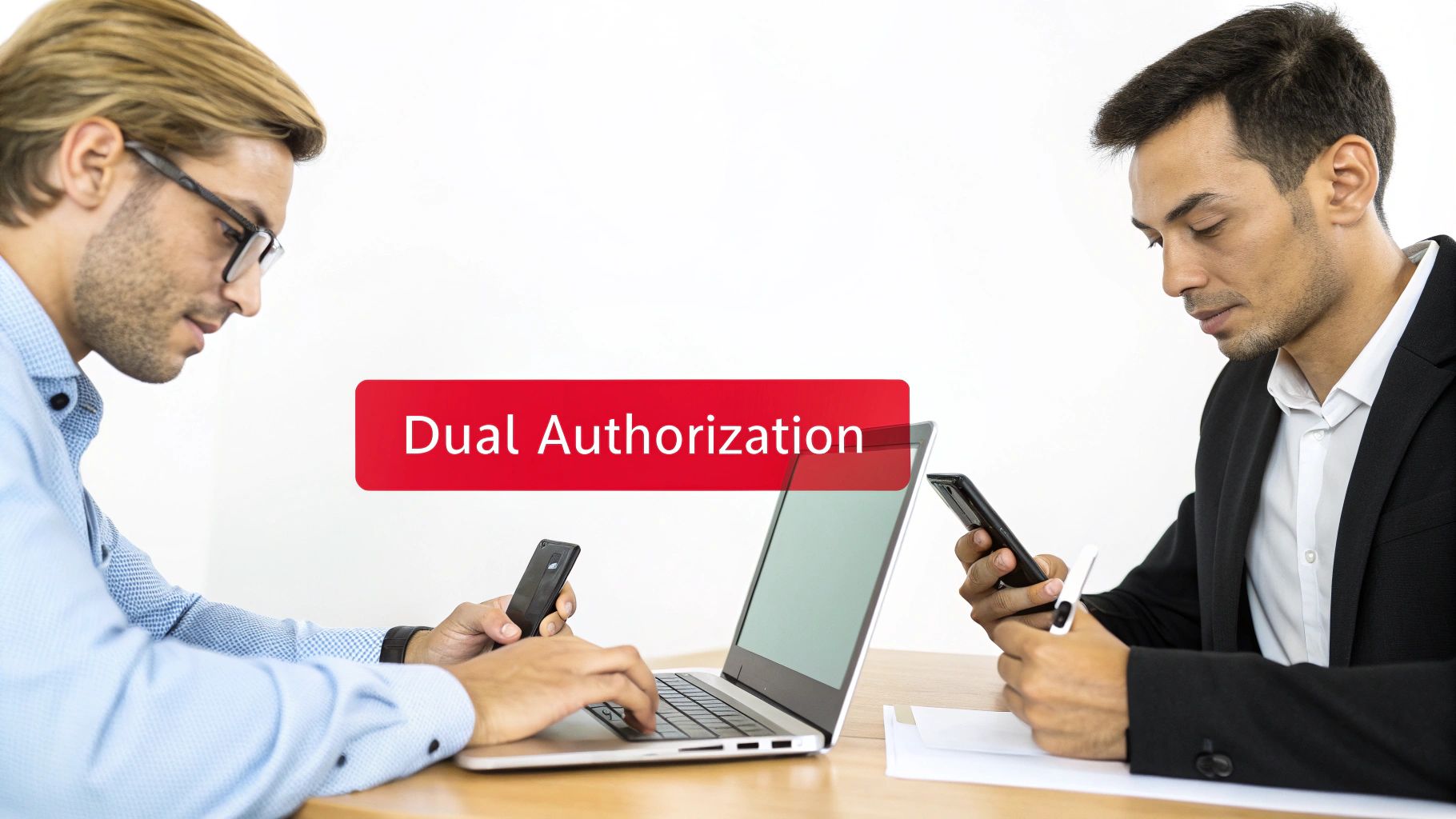 Two men collaborating at a desk with laptops and smartphones, displaying 'Dual Authorization' security concept.