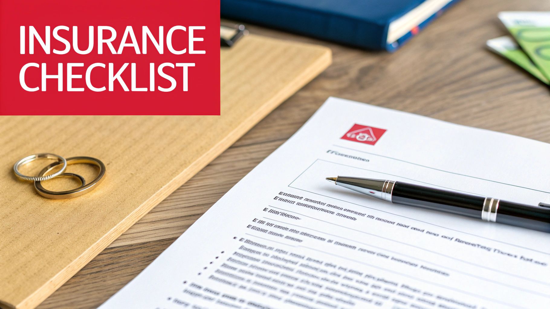 An insurance checklist document with a pen, two wedding rings, and money on a wooden desk.