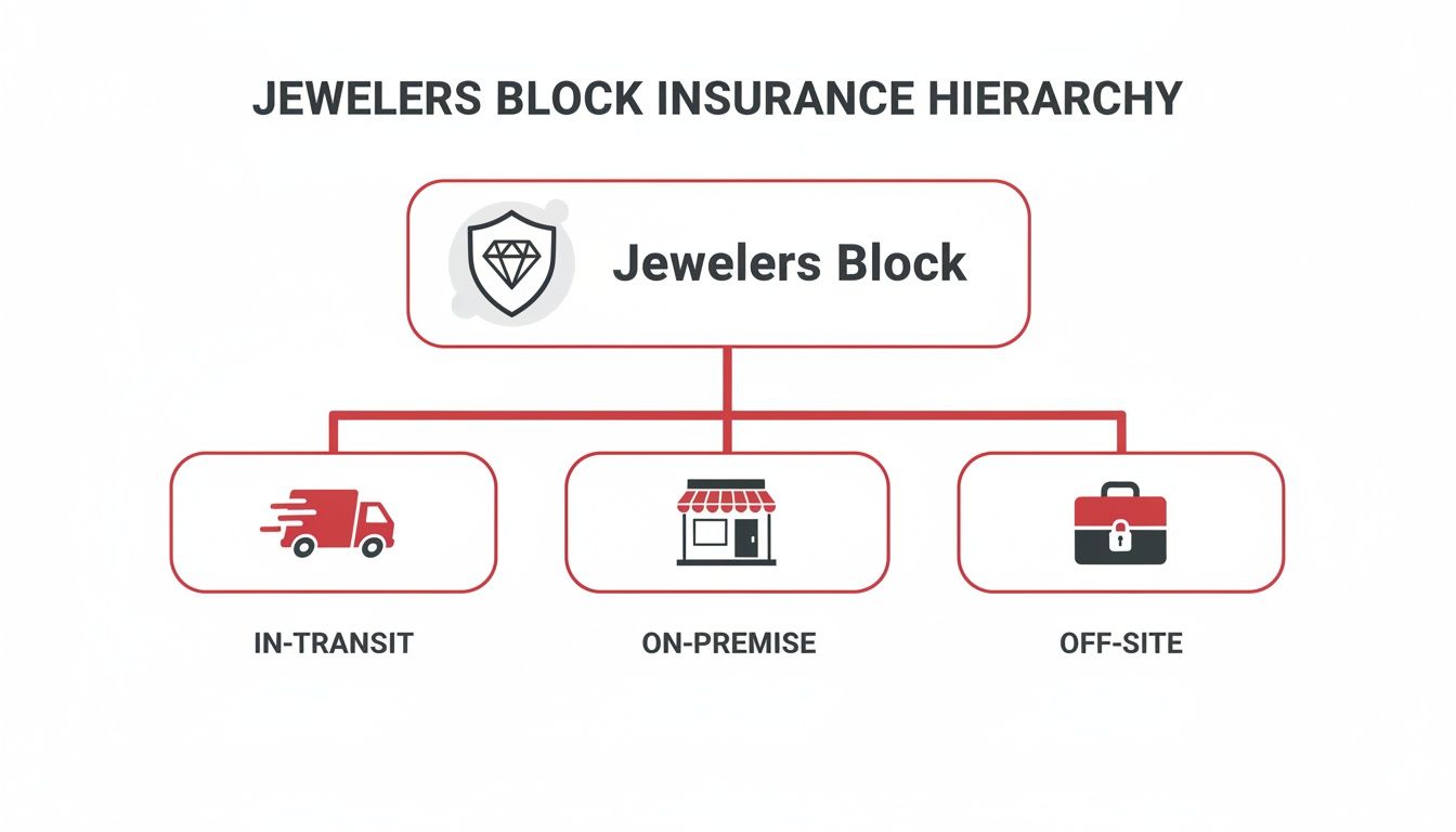 Diagram showing Jewelers Block Insurance hierarchy with categories: In-Transit, On-Premise, and Off-Site.