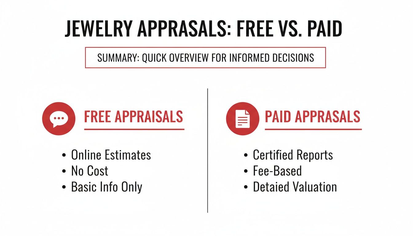 A comparison chart detailing the differences between free and paid jewelry appraisals for informed decisions.