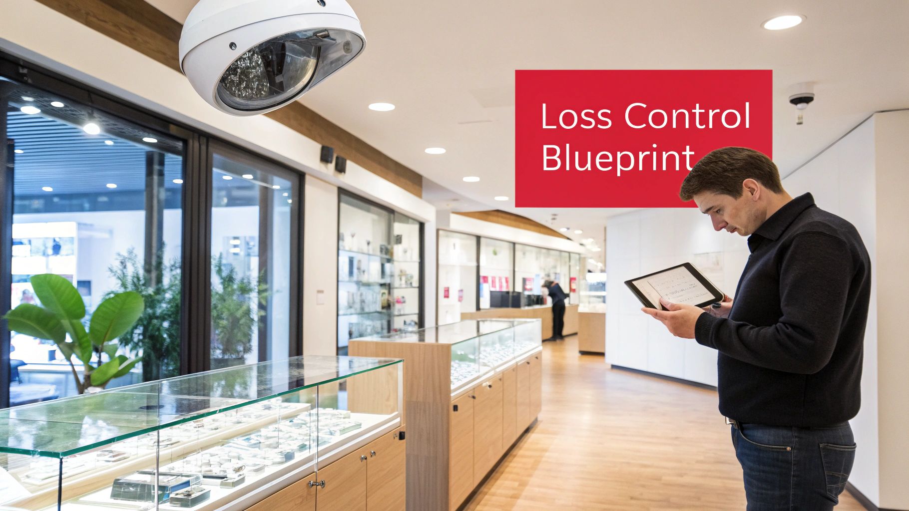 A man reviews a loss control blueprint on a tablet in a retail store with security cameras.