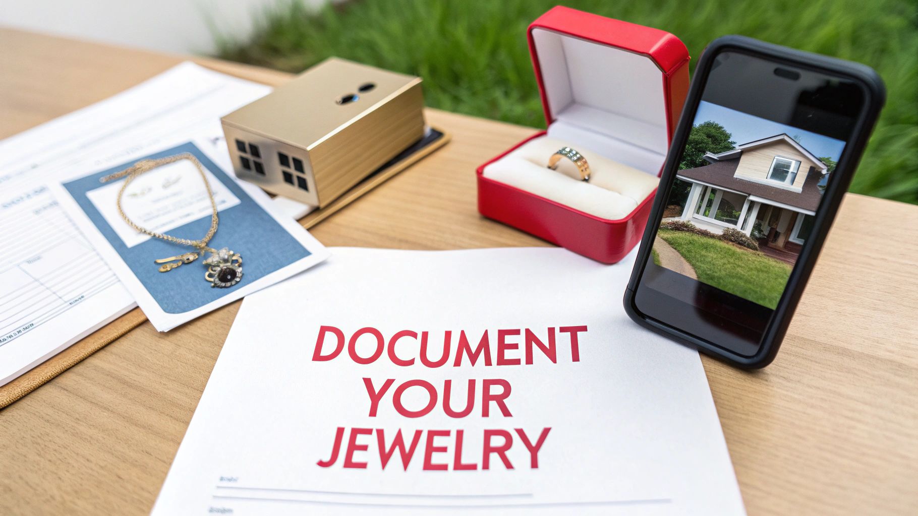 A document 'DOCUMENT YOUR JEWELRY' with a necklace, ring, house model, and phone showing a house. Highlights home and jewelry documentation.