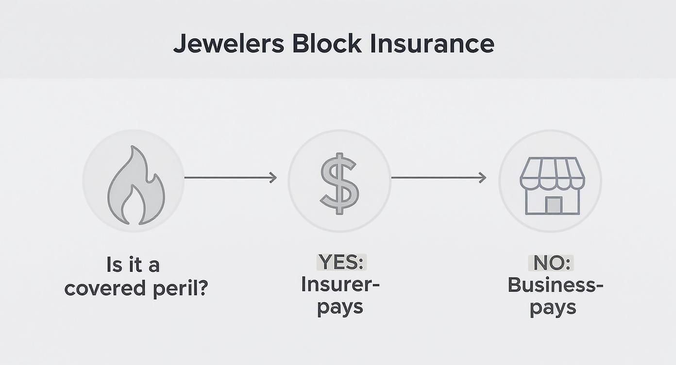 Flowchart explaining Jewelers Block Insurance: if a peril is covered, the insurer pays; otherwise, the business pays.