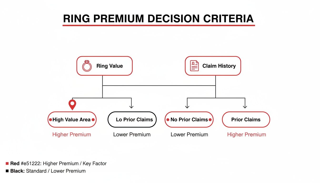 Flowchart illustrating the decision criteria for wedding ring insurance premiums.