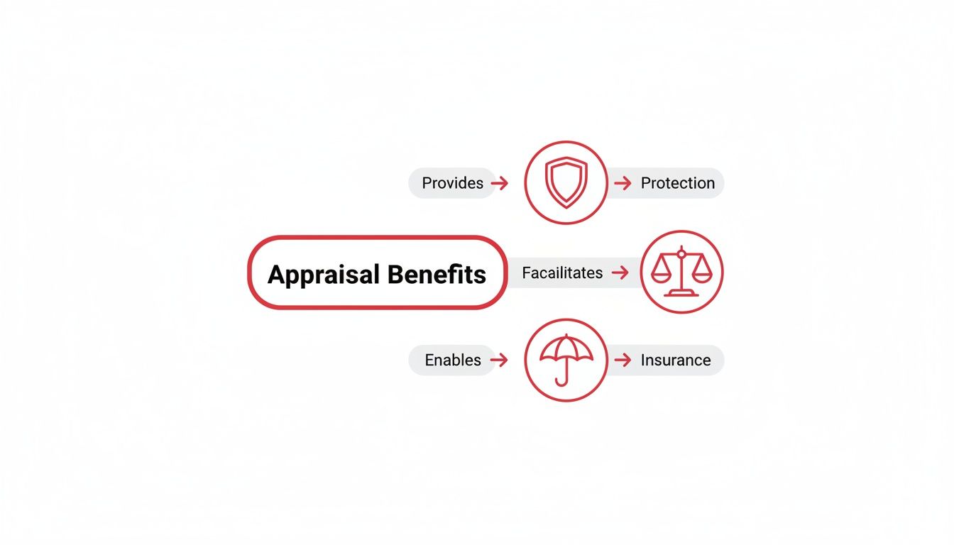 Mind map illustrating appraisal benefits, including protection, facilitation, and insurance, with corresponding icons.