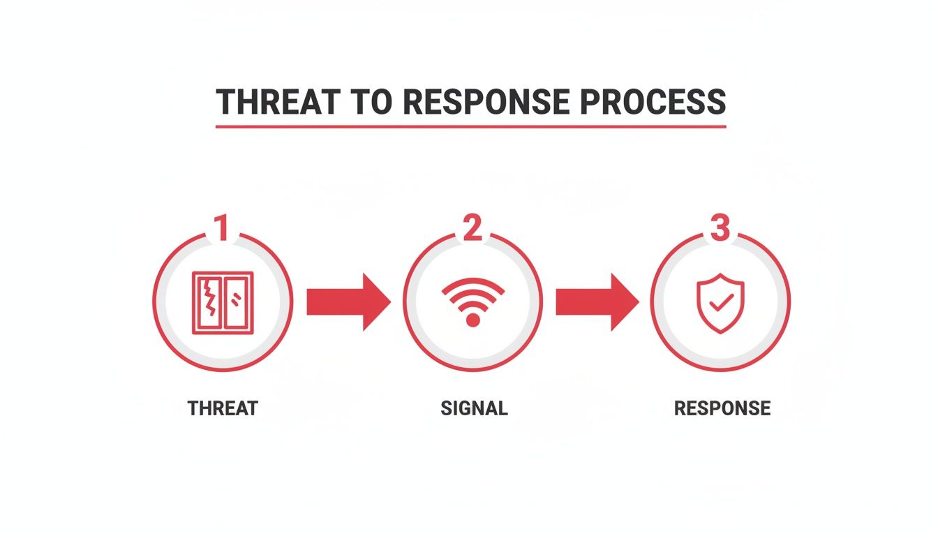 Flowchart illustrating the threat to response process with icons for threat, signal, and response.
