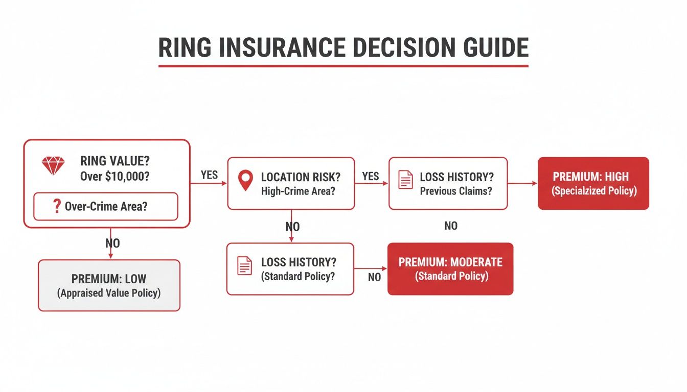 Flowchart detailing ring insurance premium decisions based on value, location risk, and loss history.
