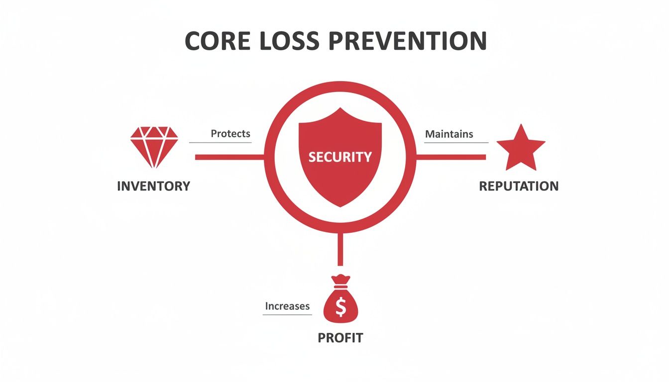 Diagram illustrating core loss prevention where security protects inventory, maintains reputation, and increases profit.