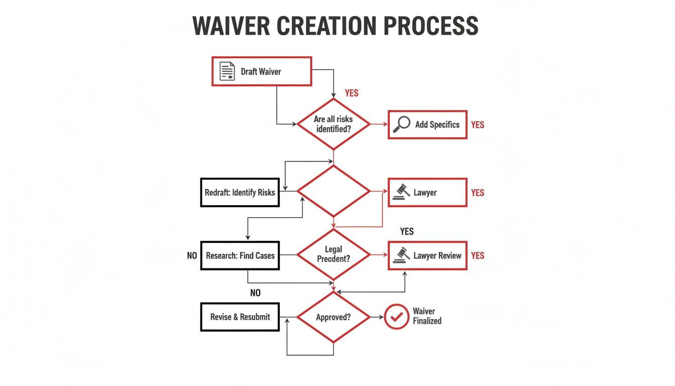 Flowchart illustrating the waiver creation process with steps for drafting, risk identification, legal review, and finalization.