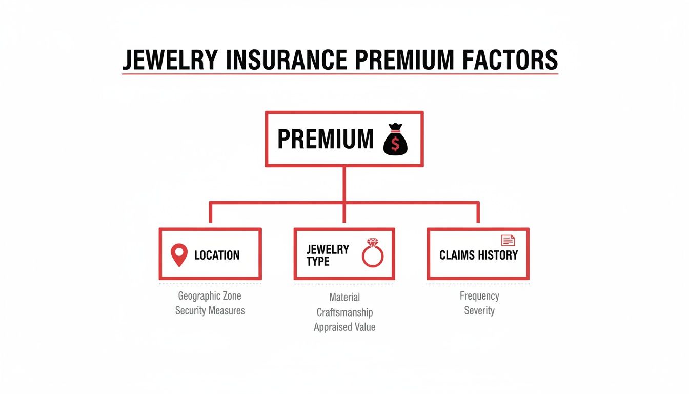 Flowchart illustrating the key factors influencing jewelry insurance premiums, including location, jewelry type, and claims history.