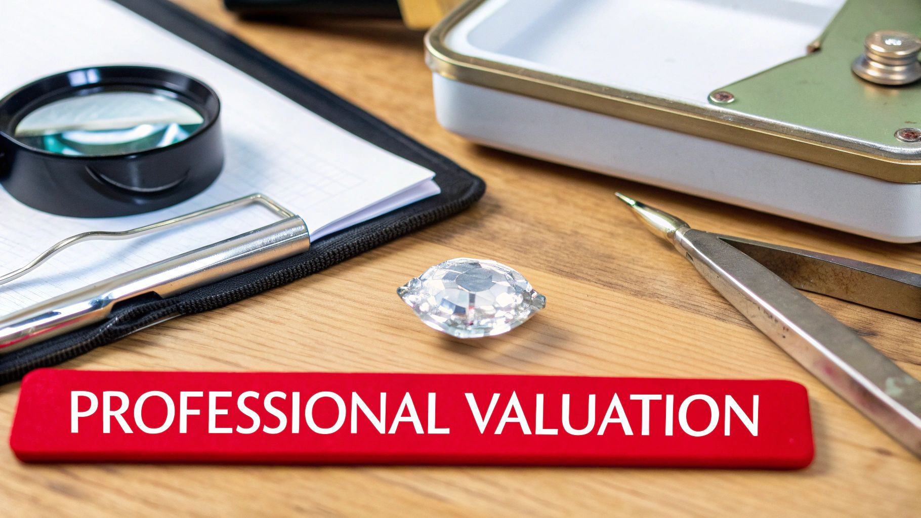 A desk setup for professional jewelry valuation with a diamond, magnifying glass, tweezers, and a red sign saying 'PROFESSIONAL VALUATION'.